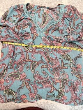 Blue Paisley Peasant Blouse with Pink Accents
